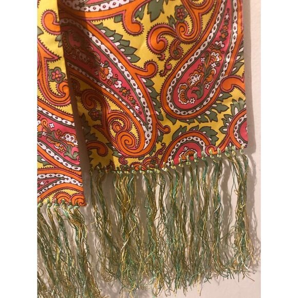 BAAR & BEARDS INC Womens Paisley Scarf Yellow Orange Fringe Hippy Vibe VGC - Picture 5 of 6
